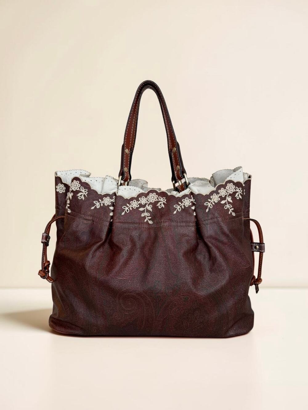 Etro Paisley Brown Tote with White Floral Scalloped Lace Leather Trim